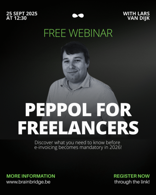Poster for a free webinar titled “Peppol for Freelancers” on 25 September at 12:30, featuring a male presenter.
